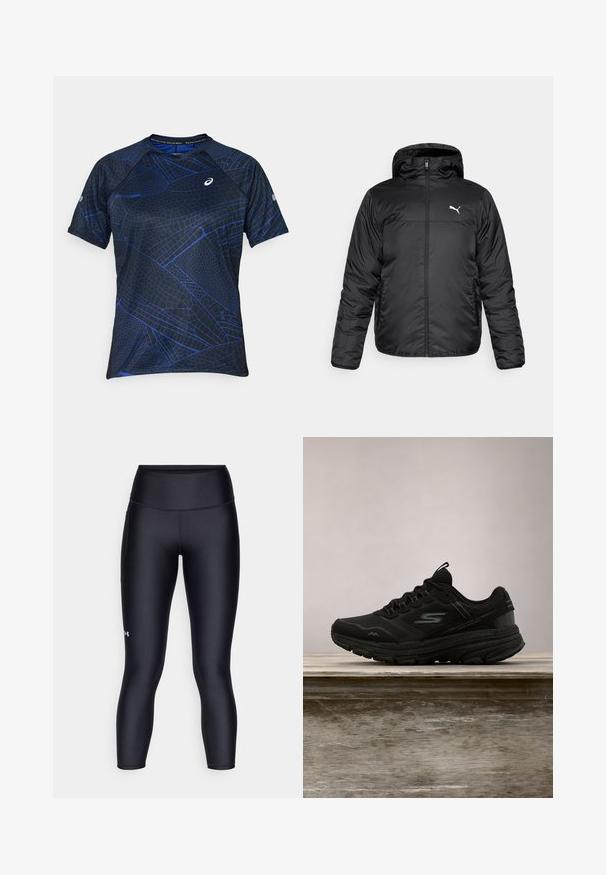 Zwarte gewatteerde jas met een capuchon, voorzien van een rits aan de voorkant en een wit Puma-logo op de linkerborst. Gladde, glanzende textuur en lange mouwen.; Korte mouw sportshirt in zwart met een blauw geometrisch patroon. Gemaakt van ademend materiaal, met een ronde hals en platte naden.; Zwarte leggings van glad, rekbaar materiaal. Hoog ingezette taille met een nauwsluitende pasvorm en een klein logo op het linkerpedaal.; Zwarte atletische sneaker met gestructureerde zool en veters, met een reflecterend "S"-logo, geplaatst tegen een beige tapijt en een gebogen bank op de achtergrond.