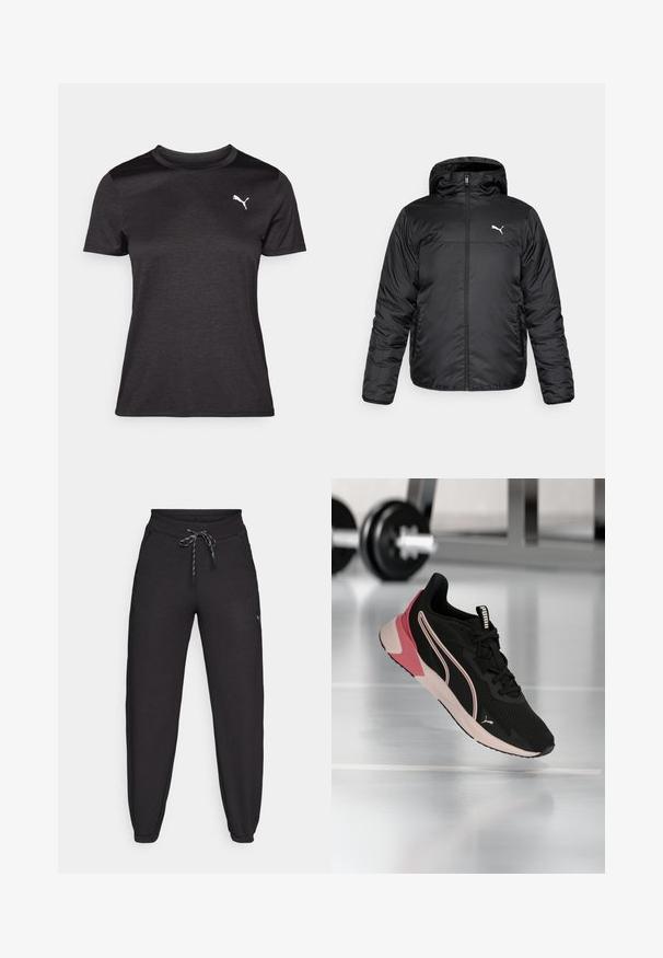 Chaqueta acolchada negra con capucha, con cremallera frontal y un logo de Puma blanco en el lado izquierdo del pecho. Textura lisa y brillante, y mangas largas.; Camiseta deportiva negra de manga corta, con escote redondo y un logo blanco en el pecho. Textura suave y forma ajustada.; Pantalones jogger negros hechos de un material suave y elástico, con una cintura elástica ajustable, bolsillos laterales y puños ajustados en los tobillos.; Zapatilla de correr Puma negra y rosa suspendida sobre un suelo de gimnasio reflectante, con mancuernas desenfocadas en el fondo.