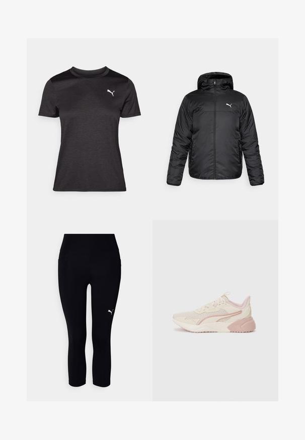 Chaqueta acolchada negra con capucha, con cremallera frontal y un logo de Puma blanco en el lado izquierdo del pecho. Textura lisa y brillante, y mangas largas.; Camiseta deportiva negra de manga corta, con escote redondo y un logo blanco en el pecho. Textura suave y forma ajustada.; Leggings capri negros hechos de tela elástica, con una cinturilla alta y un pequeño logo blanco en el lado izquierdo. Textura suave.; Zapatillas ligeras con un diseño en beige y rosa pálido, parte superior de malla, suela acolchada y sutiles acentos de logotipo en el lateral.