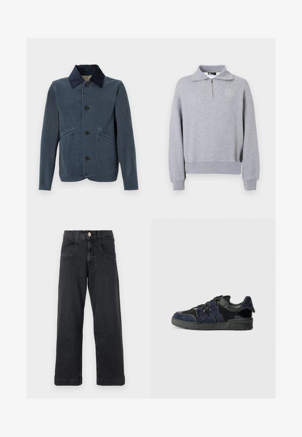 Dunkelblaue Jacke aus strukturiertem Stoff, mit Knopfverschluss, großen aufgesetzten Taschen vorne und einem kontrastierenden Cordkragen.; Hellgrauer Pullover mit viertelreßverschluss am Kragen, gerippten Bündchen und Saum sowie minimalistischem Logo auf der linken Brust.; Schwarze, weit geschnittene Jeans aus Denim mit vorderer Knopfleiste, Reißverschluss und zwei Vordertaschen, präsentiert vor einem schlichten hellen Hintergrund.; Schwarze und marineblaue Sneakers aus Wildleder und Mesh-Materialien, mit einer dicken Sohle und einem markanten Ausschnitt in Form eines "M"-Details an der Seite.