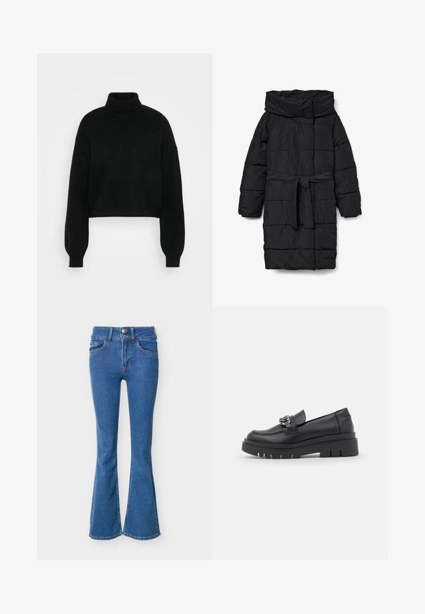 Sort, quiltet, mellemlang dynejakke med bred krave og bælte i taljen. Har en glat, mat tekstur og skrå sømme.; Sort cropped sweater med høj krave, ribbet tekstur og brede ærmer. Lavet af blødt strikmateriale. Simpelt design uden mønstre.; Højtaljede blå denimjeans med vide ben, forlommer, bæltestropper og dobbelt knaplukning i taljen.; Sort loafersko med en kraftig platformsål, glat læderoverdel, dekorativ kædeaccent og let hæl med notched detalje.