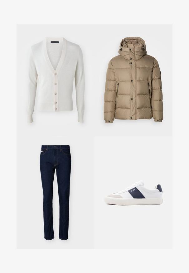 Vaaleanbeige puhvijakku, jossa on huppu. Jakussa on tikatut osiot, etupainikkeet ja vetoketjutaskut. Suloinen pinta ja rento muotoilu.; V-neck kardigan i mjestpoljetr unutra svijetlo bež tkanine. Sadrži šest dugmadi sprijeda, rebraste rukave i porub. Glatka tekstura, prilagođeni dizajn.; Tummansiniset, kapeat farkut, joissa viisi taskua, näkyvät saumat ja napillinen vyötärön sulkeminen, esitetty yksinkertaisen taustan edessä.; Valkoinen matalakärkinen lenkkikenkä, jossa tummansininen sivuraidat, "BOSS"-logo, beige kärkipää ja valkoinen pohja, esitetty sivuprofiilissa vaaleaa taustaa vasten.