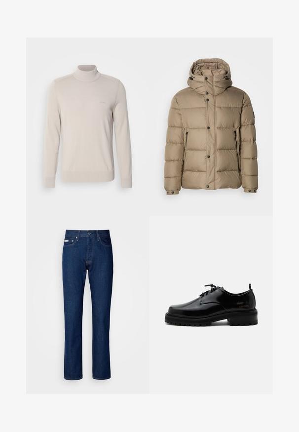 Beige puffervest med hætte, med kviltede sektioner, forsætlige knapper og lynlåslommer. Glat tekstur og afslappet design.; Lys beige turtleneck sweater lavet af blødt stof. Har ribbede manchetter og kant, med et diskret logo på brystet. Klassisk design.; Mørkeblå denim jeans med lige ben sammen design, der har lynlås og knaplukning, fem lommer og subtile stikninger.; Sort poleret læder snørestøvle med tyk gummisål og lav hæl, sideskilt med mærketekst "SAMSOE" og bageste træksnor.