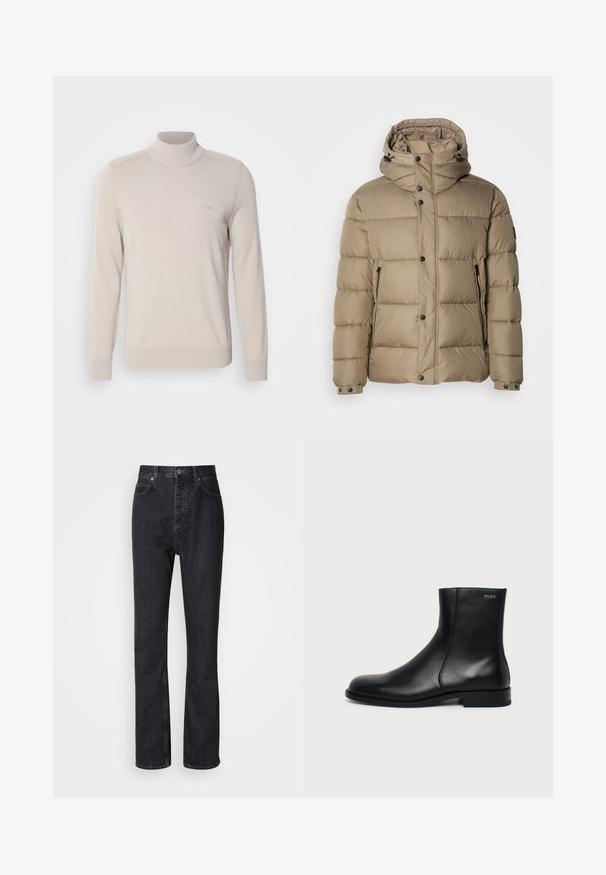 Beige puffervest med hætte, med kviltede sektioner, forsætlige knapper og lynlåslommer. Glat tekstur og afslappet design.; Lys beige turtleneck sweater lavet af blødt stof. Har ribbede manchetter og kant, med et diskret logo på brystet. Klassisk design.; Høj talje sorte denim jeans med knap- og lynlåsåbning, for- og baglommer samt lige ben.; Sort læderankelstøvle med lav hæl, sidesyning og lille "HUGO" logo på den øverste manchet mod en ensfarvet baggrund.
