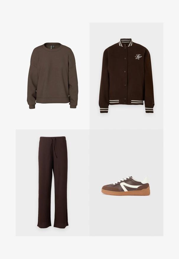 Bruine varsityjack met drukknoopjes, witte gestreepte ribkraag, manchetten, zoom en witte initialen "FH" op de borst.; Brun sweatshirt gemaakt van zachte stof, met een ronde hals, verlaagde schouders en geribbelde manchetten voor een ontspannen pasvorm. Eenvoudig ontwerp met effen kleur.; Donkerbruine, textuurrijke wijde broek met elastische tailleband en trekkoord, afgebeeld tegen een effen lichte achtergrond.; Bruine sneaker met witte accenten, gemaakt van gladde en textuurrijke materialen, voorzien van een rubberen zool en vetersluiting, met een sportief ontwerp.