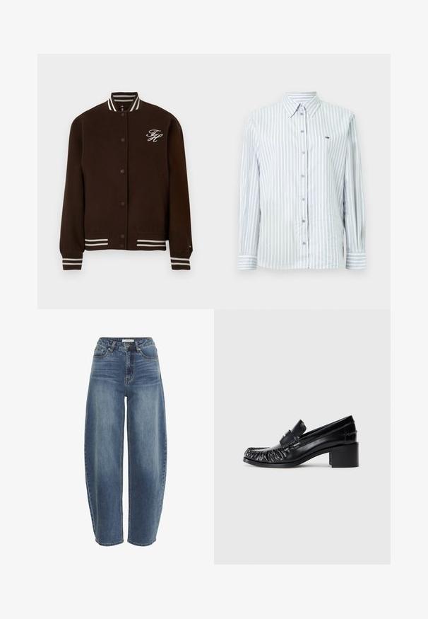 Braune Collegejacke mit Druckknöpfen, weiße gestreifte Rippenkragen, -manschetten und -saum sowie weißen Initialen "FH" auf der Brust.; Hellblau-weiß gestreiftes Hemd aus glattem Stoff mit Knöpfen; verfügt über einen Kragen, lange Ärmel und ein kleines Logo auf der Brust.; Hoch taillierte, locker sitzende blaue Jeans aus Denim, mit Knopfverschluss, fünf Taschen und dezenter Ausbleichung des Stoffes.; Schwarze Lederloafers mit einem gerafften Vorderteil, runder Spitze und Blockabsatz. Sie verfügen über einen dekorativen Riemen und eine Steppnaht entlang der Kanten.