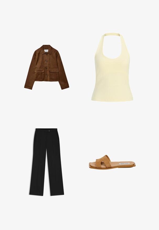 Veste en daim marron à boutons, col pointu, manches longues et deux poches à rabat sur le devant, sur fond blanc.; Crop top côtelé couleur crème avec col halter, encolure dégagée et taille ajustée.; Pantalon large noir en tissu lisse et texturé. Présente une taille haute, des plis sur le devant et des poches latérales pour plus de fonctionnalité.; Sandale à glissière en suède beige avec deux larges brides à découpes, semelle plate et logo discret sur la semelle intérieure.