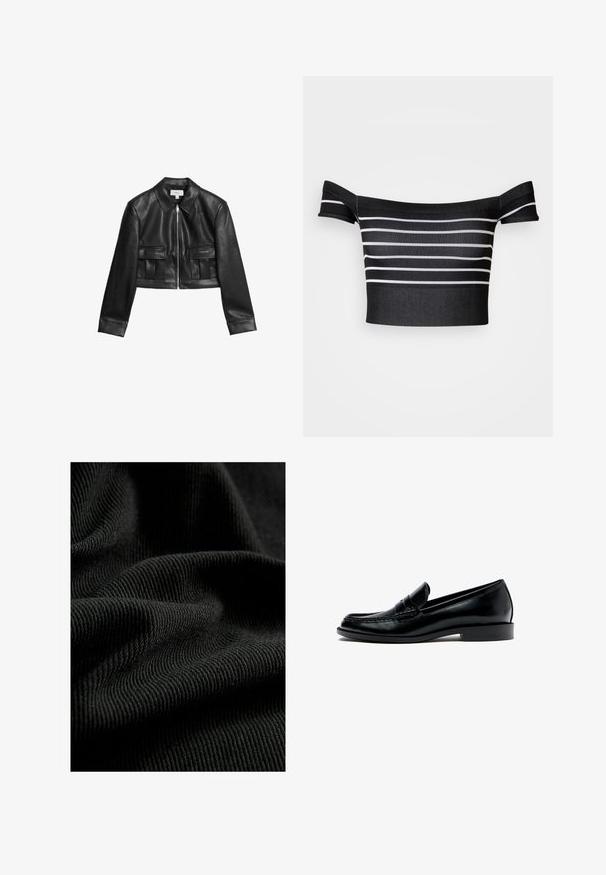 Veste en cuir noir coupée avec fermeture éclair à l'avant, col classique et deux poches avant avec un design plissé. Texture lisse sur l'ensemble.; Haut court noir à épaules dénudées avec des rayures blanches horizontales, texture côtelée et coupe ajustée. Sans attaches ni embellissements.; Tissu noir côtelé avec une surface texturée, mettant en valeur des plis et des courbes subtiles. Le matériau semble léger et flexible.; Mocassin penny en cuir noir avec talon bas, bout arrondi et surpiqûres visibles le long du bord supérieur, présenté de profil sur fond blanc.