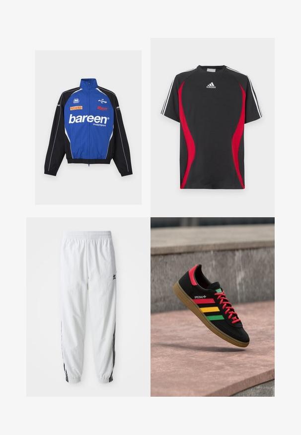 Sinine ja must vormelispordi jope ees tõmblukk ja "bareen" logo, millel ees ja varrukatel mitu sponsorilogot.; Must lühikeste varrukatega T-särk, millel on punased küljesegmendid, valge Adidas logo rinnal ning valged triibud õlgadel. Valmistatud siledast kangast.; Valged sportlikud püksid mustade küljeribadega, elastne vöökoht ja sääreotsad; vasakul reiel Adidas logo. Sile kangatekstuur.; Must Adidas Spezial tossud punaste, kollaste ja roheliste triipude, punaste paelte, kummist tallaga ja punase kontsaga detailiga, kujutatud õhus tänava kohal hõljuvana.