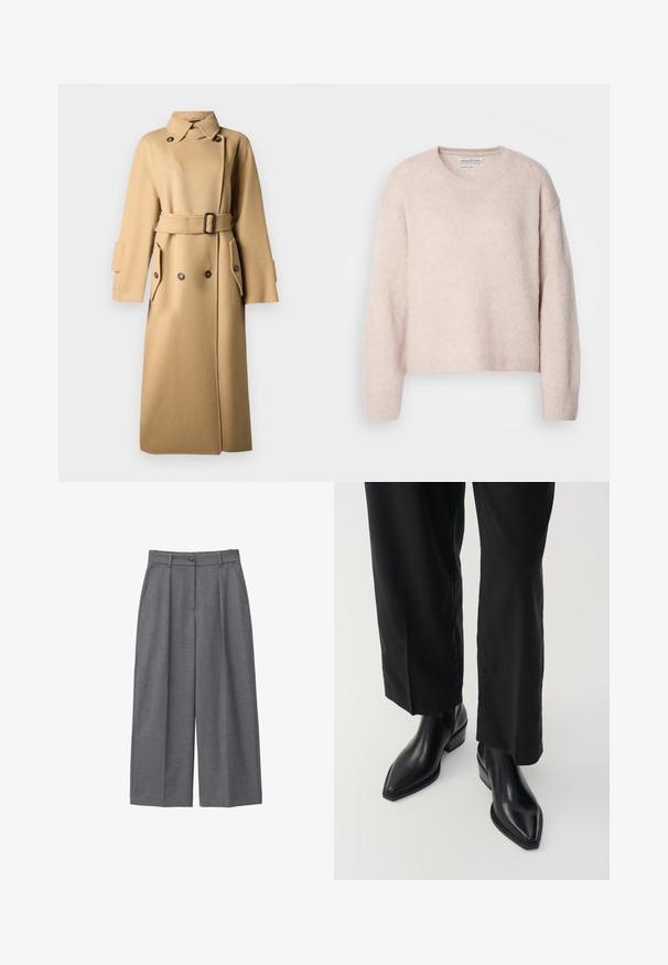 Beige uldfrakke med bælte i taljen, dobbeltknaplukning, store lommer og krave. Tekstureret, varm stof.; Lyserød sweater lavet af blødt, tekstureret stof. Har en rund hals, dropped skuldre samt ribbede маншеты og søm. Cropped design.; Grå bredbenede bukser lavet af glat stof, med høj talje, læg, knaplukning og sidelommer. Minimalistisk design.; Sorte læder ankelstøvler med spids tå, glat tekstur og firkantet hæl. Kombinationen med sorte, vide bukser skaber en slank silhuet.