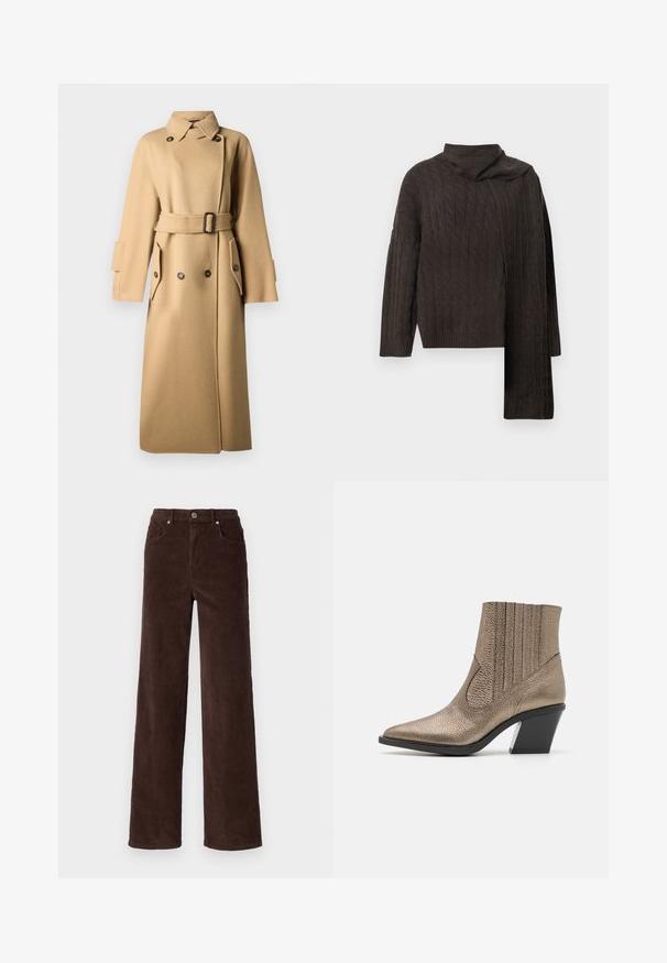 Beige villane coat, milledega vöökoht, topeltkanga nööbid, suured taskud ja avar krae. Tekstuuriga soe kangas.; Tumepruun kabelkootud kampsun kõrge kaelusega ja asümmeetrilise langevusega. Omab soonikkoes mansette ja ääri, valmistatud pehmest tekstuuriga kangast.; Vero Moda VMTESSA WIDE PANTS - Püksid - chocolate torte; Metallik pronksist säärebotased terava ninaga, tekstureeritud pind, vertikaalsed lõiked ja plokk-konts, millel on selge aktsent.