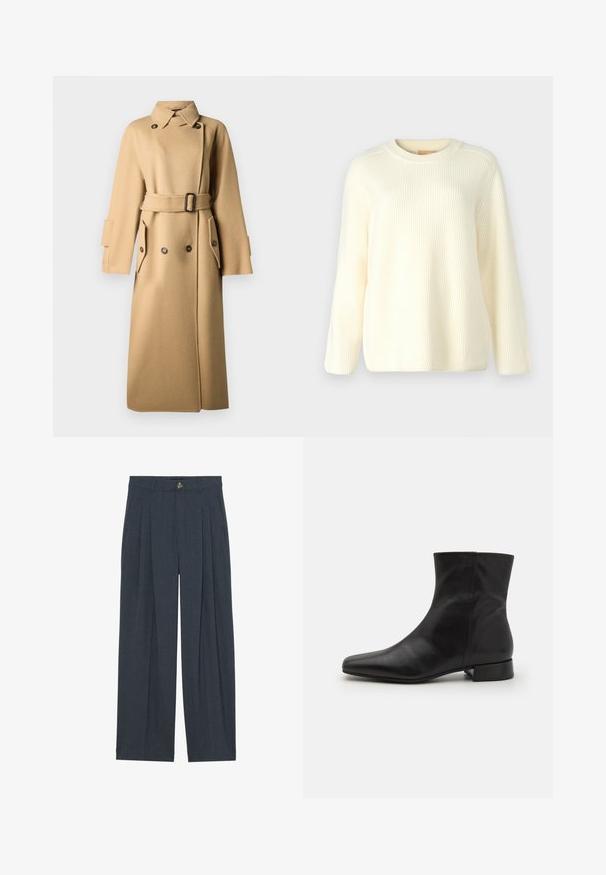 Beige villane coat, milledega vöökoht, topeltkanga nööbid, suured taskud ja avar krae. Tekstuuriga soe kangas.; Kreemik ribakattetud kootud sviiter ümmarguse kaelusega, pikkade varrukatega ja lõdva lõikega. Pehme tekstuur, millel on horisontaalsed jooned üle kogu pinna.; Laiad pluusipüksid, mis on valmistatud tekstuurist tumehallist kangast, esipliiatsite, nööbiga sulgemise ja küljetaskutega, et lisada funktsionaalsust.; Must musta ankle boot terava toe'ga, sileda tekstuuriga, minimaalne disain ja madal ploki konts. Küljel on tõmblukk, mis ulatub üle ankle.