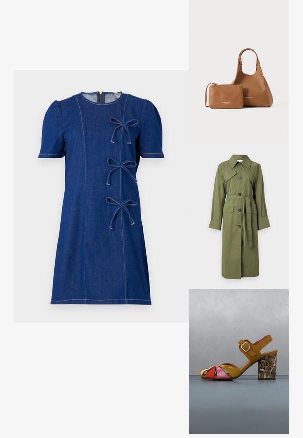 Olivgrüner Trenchcoat aus strukturiertem Stoff, mit Kragen, vorderen Knöpfen und einem Taillengürtel sowie zwei Vordertaschen.; Dunkelblaues Denimkleid mit kurzen Ärmeln und runder Ausschnitt, das drei Schleifen auf der Vorderseite, sichtbare Nähte und einen Reißverschlussverschluss auf der Rückseite hat.; Bunte, mehrriemige Sandale mit gelbem Absatz und Schlangenprint-Detail, veredelt mit glänzenden Akzenten in Pink, Gold und Grün.; Braune, strukturierte Lederhandtasche mit einer passenden kleinen Reißverschlusstasche, beide mit einfachem, abgerundetem Design auf einfarbigem Hintergrund.