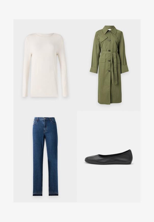 Olijfgroene trenchcoat van gestructureerde stof, met een kraag, knopen aan de voorkant en een tailleceintuur met twee zakken aan de voorkant.; Langemouws-shirt in off-white, gemaakt van zacht materiaal, met een ronde hals en een eenvoudig, getailleerd ontwerp. Gladde textuur, geen patronen.; Blauwe denim jeans met een recht beenontwerp, vijf zakken en een knoopsluiting. Kenmerkt contraststiksels en een lichte vervaging.; Zwarte leren ballerina met een ronde neus, gladde textuur, minimale stikdetails en een flexibele zoolontwerp.