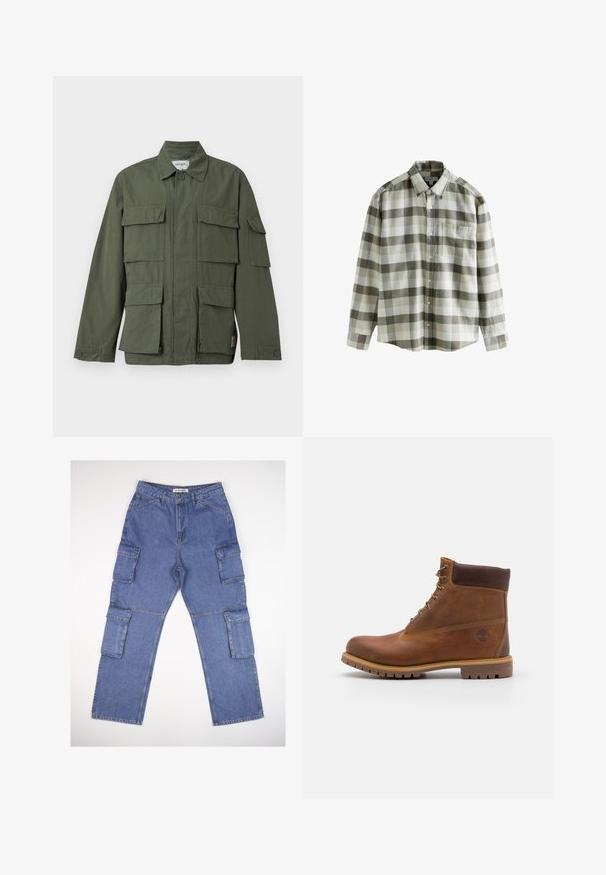 Chaqueta de estilo militar color verde oliva con cuatro bolsillos delanteros con solapa, puños abotonados, cuello y cremallera frontal oculta.; Camisa de cuadros de manga larga con botones en tonos beige, gris y blanco, con un bolsillo en el pecho y cuello clásico.; Pantalones cargo de mezclilla azul con múltiples bolsillos laterales, un diseño de pierna recta y una cinturilla clásica. La tela tiene una ligera textura y desvanecimiento.; Botas de senderismo de cuero marrón con un acabado suave, tobillo acolchado, ojales de metal y suela de goma con un patrón de tracción robusto.