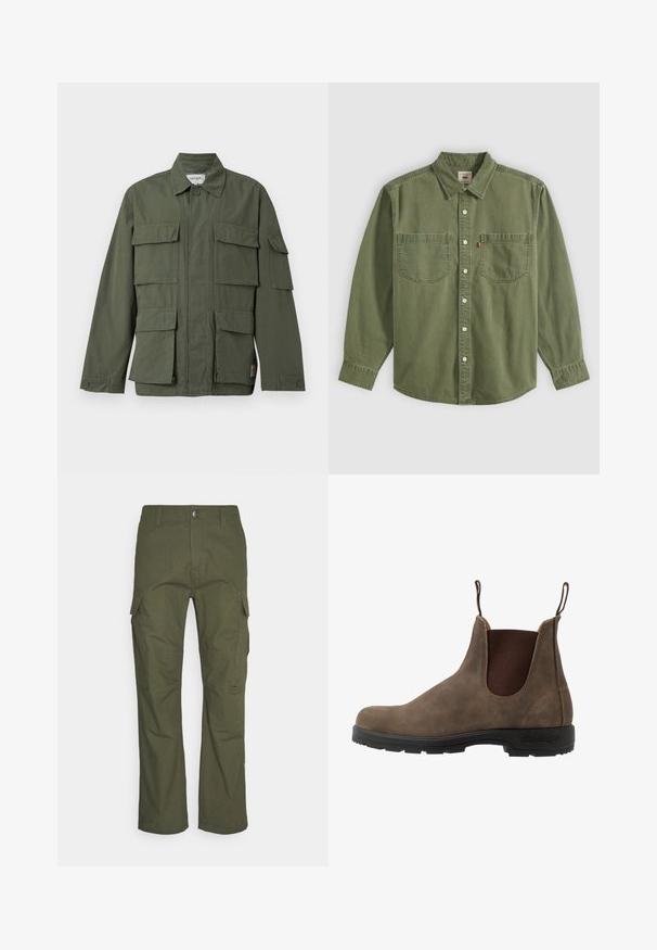 Veste de style militaire vert olive avec quatre poches avant à rabat, poignets boutonnés, col et fermeture éclair frontale dissimulée.; Chemise vert olive à manches longues boutonnée, avec deux poches poitrine, boutons blancs et col pointu, affichée à plat sur un fond clair.; Pantalons cargo en vert olive foncé, dotés de multiples poches latérales, d'une coupe droite et d'un tissu durable à finition texturée.; Bottine chelsea en cuir marron avec des panneaux élastiques sur les côtés, des languettes de traction et une semelle en caoutchouc noir avec un relief texturé pour une meilleure adhérence.