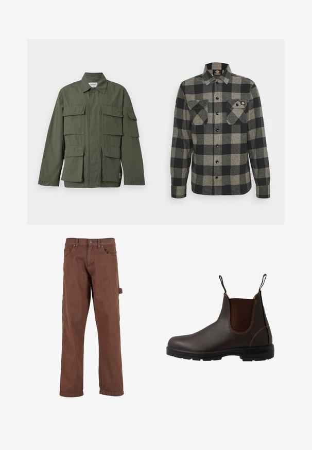 Olivgrüne Militärjacke mit vier vorderen Klappentaschen, geknöpften Manschetten, Kragen und verdecktem Frontreißverschluss.; Schwarzes und graues kariertes Flanellhemd mit langen Ärmeln, Knopfverschluss vorne, zwei Brusttaschen und einem leicht abgerundeten Saum. Strukturiert. ; Braune Cargo-Hose aus robustem Stoff, mit geradem Bein, Fronttaschen und einer Seitentasche mit Klappe.; Brauner Chelsea-Stiefel aus Leder mit elastischem Seiteneinsatz, brauner Naht, Zuglaschen und einer strapazierfähigen Gummisohle mit strukturiertem Muster.