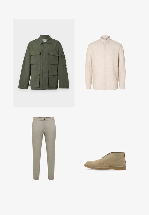 Veste de style militaire vert olive avec quatre poches avant à rabat, poignets boutonnés, col et fermeture éclair frontale dissimulée.; Chemise en lin beige clair avec un col boutonné, des manches longues et une coupe droite. Présente un boutonnage sur le devant et une texture subtile.; Pantalon slim beige avec passants de ceinture, fermeture bouton et zip à l'avant, et deux poches latérales.; Botte désert en daim beige avec deux œillets, semelle cousue et hauteur basse à la cheville, vue de profil sur fond blanc.