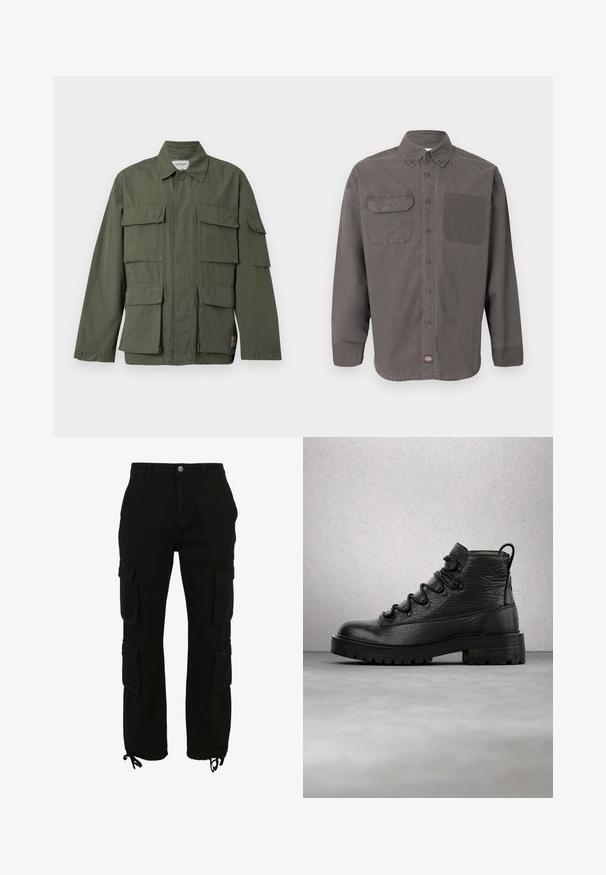 Chaqueta de estilo militar color verde oliva con cuatro bolsillos delanteros con solapa, puños abotonados, cuello y cremallera frontal oculta.; Camisa de manga larga gris oscuro con botones, cuello, dos bolsillos en el pecho (uno con solapa) y pequeña etiqueta con logo en el dobladillo.; Pantalones cargo negros de algodón, con múltiples bolsillos laterales, cierre de botón y bajos ajustables con cordones.; Botines de cuero negro con parte superior texturizada, seis ojales y suela resistente. Incluyen una lengüeta en el talón para facilitar su uso.