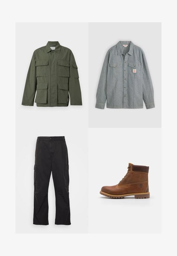 Veste de style militaire vert olive avec quatre poches avant à rabat, poignets boutonnés, col et fermeture éclair frontale dissimulée.; Chemise à boutons rayée en bleu et blanc, dotée d'un col, de deux poches poitrine et d'une petite étiquette. Fabriquée en tissu léger.; Pantalons cargo noirs avec une coupe droite, dotés de deux poches latérales, d'une fermeture à bouton et d'un tissu texturé.; Botte de randonnée en cuir marron avec une finition lisse, cheville rembourrée, œillets en métal et semelle en caoutchouc dotée d'un motif de crampons robuste.