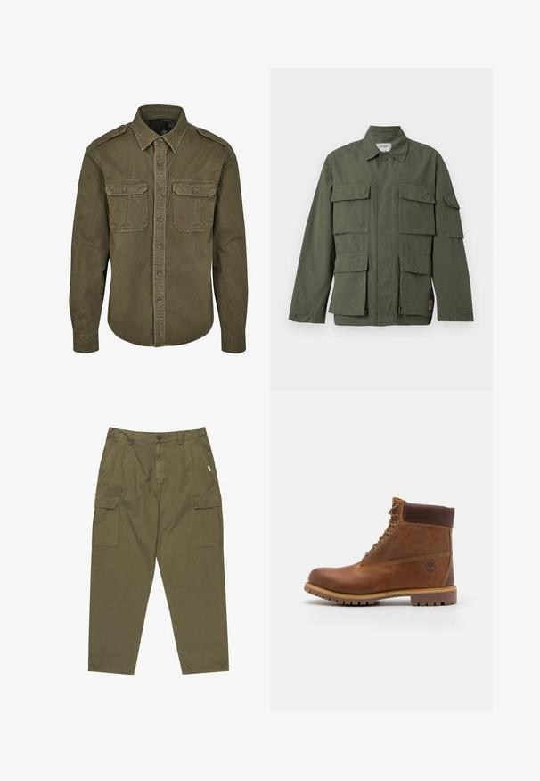 Olijfgroene jas in militaire stijl met vier klepzakken aan de voorkant, knoopmanchetten, kraag en verborgen ritssluiting aan de voorkant.; Olijf groene button-up shirt van katoen. Heeft een kraag, twee borstzakken met kleppen en gestructureerde schouders met zichtbare stiksels.; Olijfgroene cargobroek van katoen, met een knoopsluiting aan de voorkant, zijzakken en twee grote cargozakken op de dijen.; Bruine leren wandelschoen met een gladde afwerking, gevoerde enkel, metalen oogjes en een rubberen zool met een robuust profiel.
