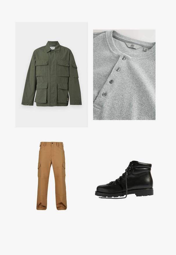 Olijfgroene jas in militaire stijl met vier klepzakken aan de voorkant, knoopmanchetten, kraag en verborgen ritssluiting aan de voorkant.; Grijze gebreide shirt met lange mouwen en een ronde halslijn, vijf knopen sluiting, ribbelstructuur en een slim fit ontwerp. Label geeft maat M aan.; Bruine cargobroek gemaakt van duurzaam materiaal, met meerdere zakken, een relaxte pasvorm en versterkte stikseldetails.; Zwarte leren wandelschoen met een gevoerde kraag, grijze veters, metalen oogjes en een robuuste rubberen zool met diepe profielen voor grip.