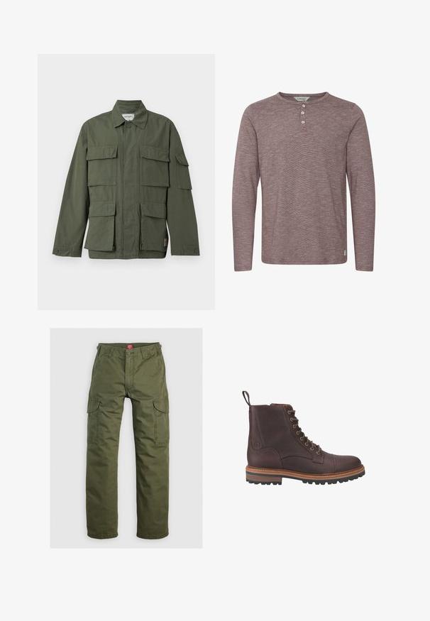 Chaqueta de estilo militar color verde oliva con cuatro bolsillos delanteros con solapa, puños abotonados, cuello y cremallera frontal oculta.; Camisa de manga larga estilo henley con una tela suave y texturada en un color malva apagado. Presenta tres botones en el escote y costuras mínimas.; Pantalones cargo verde oliva hechos de una tela duradera, con bolsillos laterales, cierre de botón y un diseño de pierna recta.; Botas de piel marrón con cordones hasta el tobillo, acabado texturizado, suelas beige contrastantes y ojales metálicos. Incluyen una lengüeta para facilitar su puesta.