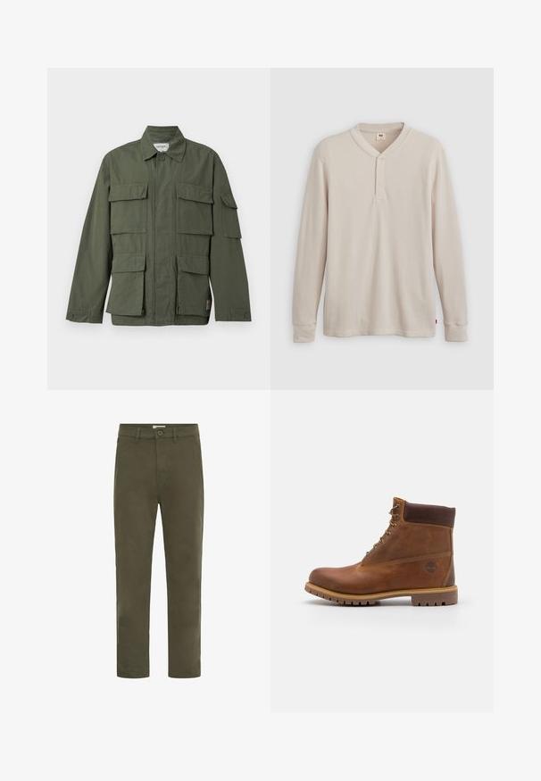 Chaqueta de estilo militar color verde oliva con cuatro bolsillos delanteros con solapa, puños abotonados, cuello y cremallera frontal oculta.; Camisa tipo henley de manga larga en tejido acanalado color beige claro, con escote en V,tapeta de tres botones, y mangas con puños. Etiqueta de logo roja en el dobladillo.; Pantalones informales rectos de color verde oliva para hombre, con cierre de botón y trabillas para cinturón, diseñados para el uso diario.; Botas de senderismo de cuero marrón con un acabado suave, tobillo acolchado, ojales de metal y suela de goma con un patrón de tracción robusto.