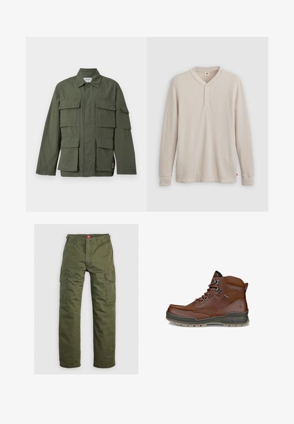 Olivgrüne Militärjacke mit vier vorderen Klappentaschen, geknöpften Manschetten, Kragen und verdecktem Frontreißverschluss.; Langärmliges Henley-Shirt aus leicht beigem Rippstoff mit V-Ausschnitt, Knopfleiste mit drei Knöpfen und angeschnittenen Ärmeln. Roter Logo-Tag am Saum.; Olivgrüne Cargo-Hosen aus strapazierfähigem Material, mit Seitentaschen, Knopfverschluss und geradem Bein.; Brauner Leder-Knöchelstiefel mit schwarzen Schnürsenkeln, Metallösen, gepolstertem Kragen und strukturierter dunkelgrauer Sohle, die für den Außenbereich entwickelt wurde.