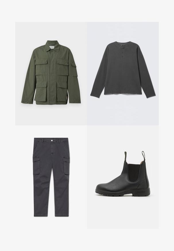 Veste de style militaire vert olive avec quatre poches avant à rabat, poignets boutonnés, col et fermeture éclair frontale dissimulée.; Chemise henley à manches longues gris foncé avec un col rond et trois boutons sur la patte de boutonnage avant.; Pantalon cargo gris charbon avec deux poches à rabat à l'avant, poches latérales pour les mains, fermeture à boutons, passants pour ceinture et coutures renforcées aux genoux.; Bottines Chelsea en cuir noir avec panneaux élastiques latéraux, tirant, semelle en caoutchouc robuste et détails cousus. Texture lisse dans l'ensemble.