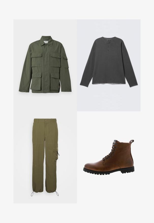 Olivgrüne Militärjacke mit vier vorderen Klappentaschen, geknöpften Manschetten, Kragen und verdecktem Frontreißverschluss.; Dunkelgraues Langarm-Henley-Shirt mit rundem Ausschnitt und drei Knöpfen an der vorderen Blende.; Olivgrüne Cargo-Hosen aus leichtem Material. Zu den Merkmalen gehören ein Knopfverschluss, Seitentaschen und verstellbare Bündchen mit Kordelzügen.; Braune Lederstiefeletten mit strukturiertem Finish, metallischen Ösen und schwarzer Gummisohle. Mit Zuglasche hinten für einfaches An- und Ausziehen.