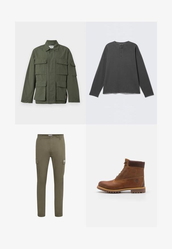 Chaqueta de estilo militar color verde oliva con cuatro bolsillos delanteros con solapa, puños abotonados, cuello y cremallera frontal oculta.; Camiseta henley de manga larga en gris oscuro con escote redondo y tres botones en la tapeta frontal.; Pantalones cargo verde oliva fabricados con un tejido ligero, con un corte recto, bolsillos laterales y puños elásticos en los tobillos.; Botas de senderismo de cuero marrón con un acabado suave, tobillo acolchado, ojales de metal y suela de goma con un patrón de tracción robusto.