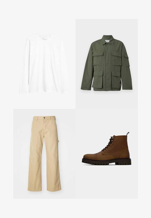 Olijfgroene jas in militaire stijl met vier klepzakken aan de voorkant, knoopmanchetten, kraag en verborgen ritssluiting aan de voorkant.; Witte longsleeve t-shirt van katoen. Kenmerkt zich door een ronde hals, een slim fit en zijsplitten aan de onderkant. Eenvoudig ontwerp zonder patronen.; Beige wijde cargo broek met een knoopsluiting, voorzien van zijzakken, gemaakt van stevig katoen, met een soepele textuur en een recht gesneden ontwerp.; Bruine leren veterschoenen tot de enkel met dikke zwarte profielzool en een trekband op een witte achtergrond.