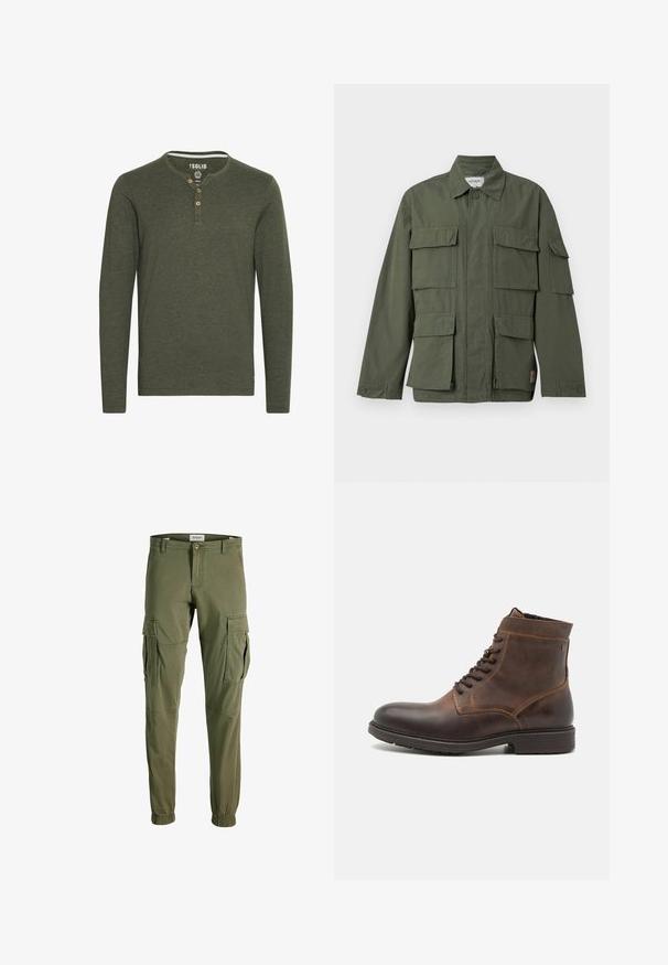 Veste de style militaire vert olive avec quatre poches avant à rabat, poignets boutonnés, col et fermeture éclair frontale dissimulée.; Solid SDVOLKO - T-shirt à manches longues - olive; Pantalons cargo vert olive en tissu doux, dotés de poches latérales, de manches de cheville élastiques et d'un design classique ajusté.; Jack & Jones JFWDELANEY BOOT - Bottines à lacets - cognac