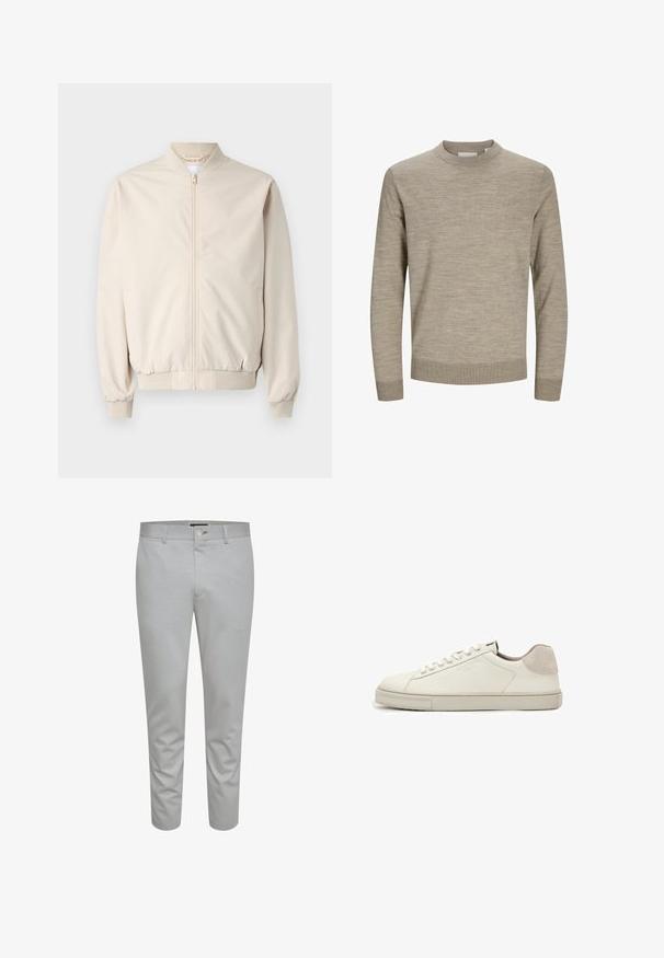 Beige bomberjack met een frontale ritssluiting, ribgebreide kraag en manchetten, gladde stof en zijzakken. Eenvoudig ontwerp met een relaxte pasvorm.; Beige lange mouw trui met ronde hals, geribbelde manchetten en zoom, weergegeven op een witte achtergrond.; Lichtgrijze op maat gemaakte broeken met een gladde textuur, voorzien van een knoopsluiting, riemlussen en voorzakken. Cropped enkellange ontwerp.; Witte leren lage sneaker met witte veters, licht gestructureerde zool en lichtgrijze suède hielpatch, zijaanzicht.