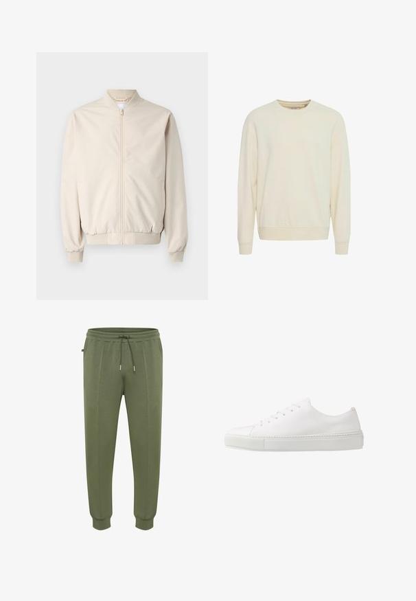 Beige bomberjakke med frontlynlås, ribbestrikket krave og manchetter, glat stof og sidelommer. Simpelt design med en afslappet pasform.; Lys beige sweatshirt, rund hals, lange ærmer, blød stof, ribbede manchetter og kant, sidesplitter for lettere bevægelse, minimalistisk design.; Joggingbukser i olivengrøn lavet af blødt stof, med snøre i taljen, sidelommer og ribbestrikkede manchetter for en tæt pasform.; Hvide lædersneakers med en glat finish, rund tå og seks øjer til snørebånd. Har en tekstureret gummisål og et minimalisk design.