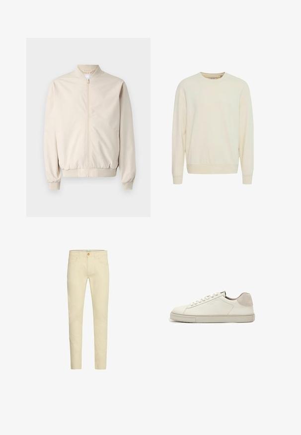 Veste bomber beige avec une fermeture éclair à l'avant, col et poignets côtelés, tissu lisse et poches latérales. Design simple avec une coupe décontractée.; Sweatshirt beige clair, col rond, manches longues, tissu doux, poignets et ourlet côtelés, fentes latérales pour plus de liberté de mouvement, design minimaliste.; Pantalon en coton beige avec une coupe slim, doté d'une taille standard, de deux poches avant et d'une poche arrière simple, terminé par un bouton de fermeture.; Baskets basses en cuir blanc avec lacets blancs, semelle légèrement texturée et patch en daim gris clair au talon, vue latérale.