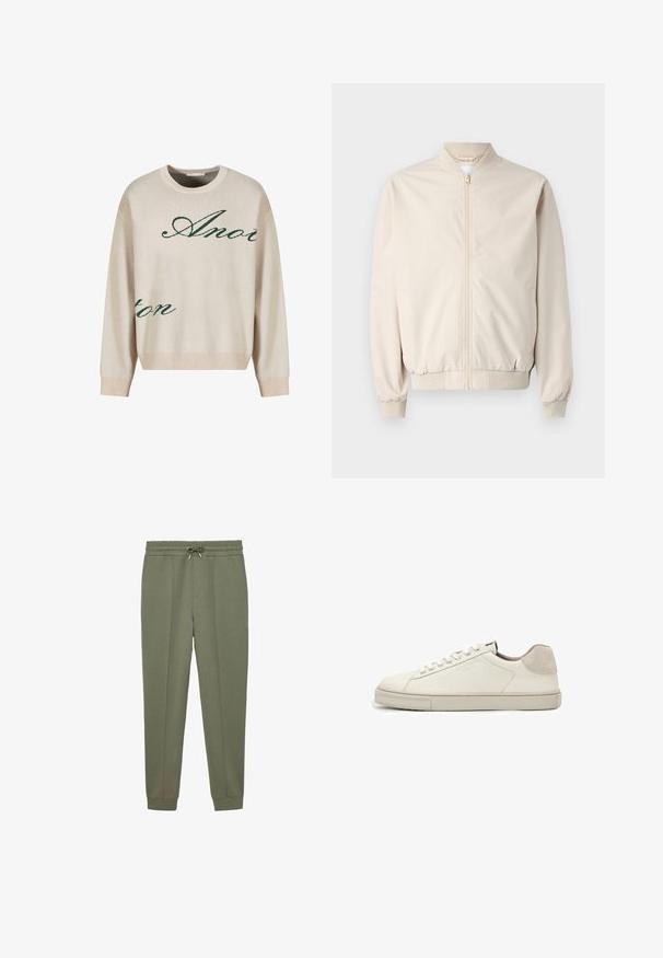 Chaqueta bomber beige con cremallera frontal, cuello y puños acanalados, tela suave y bolsillos laterales. Diseño simple con un corte relajado.; Jersey de punto beige con texto verde en cursiva. Cuello y puños acanalados, corte relajado, con una textura suave.; Pantalones de chándal verde oliva fabricados en una suave mezcla de algodón, con una cinturilla elástica y cordón ajustable, piernas ajustadas y puños acanalados.; Zapatilla blanca de piel de perfil bajo con cordones blancos, suela ligeramente texturizada y parche de ante gris claro en el talón, vista lateral.