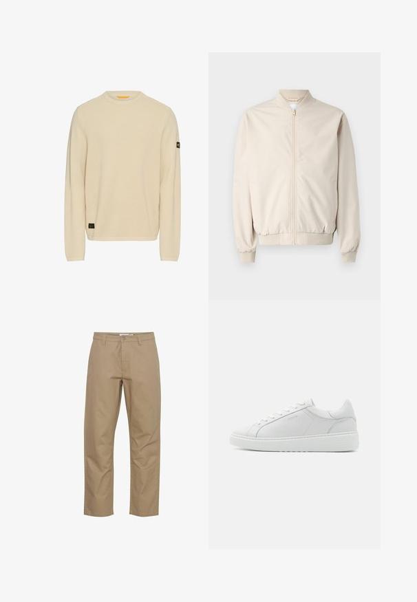 Beige bomberjakke med frontlynlås, ribbestrikket krave og manchetter, glat stof og sidelommer. Simpelt design med en afslappet pasform.; Lys beige striktrøje med lange ærmer, rund halsudskæring, tekstureret stof og et lille sort logo-patch på venstre ærme.; Beige bomuldsbukser med lige ben-design, der har en frontknap og lynlås lukning, sidelommer og et rent finish.; Hvide lædersneakers med en glat tekstur, rund tå, lav profil og diskret branding på siden. Polstret krave og snørebånd.