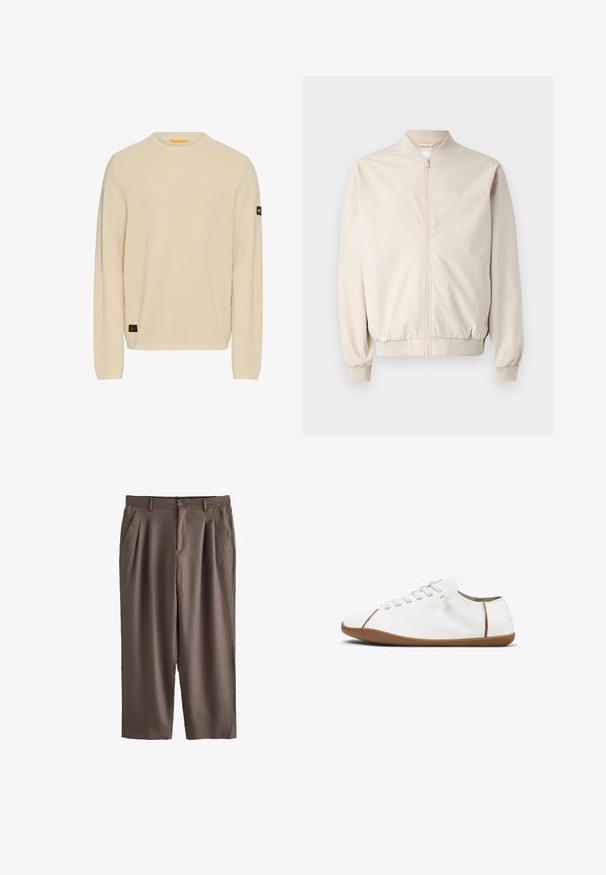 Veste bomber beige avec une fermeture éclair à l'avant, col et poignets côtelés, tissu lisse et poches latérales. Design simple avec une coupe décontractée.; Pull en tricot beige clair avec des manches longues, un col rond, un tissu texturé et un petit patch logo noir sur la manche gauche.; Pantalon marron à jambes droites avec plis, poches latérales, passants de ceinture, fermeture par bouton et taille arrière élastique, présenté sur fond blanc.; Baskets en cuir blanc avec un bout arrondi, une semelle en caoutchouc plate et un design minimaliste. Présentent des lacets assortis et un détail de couture décorative.