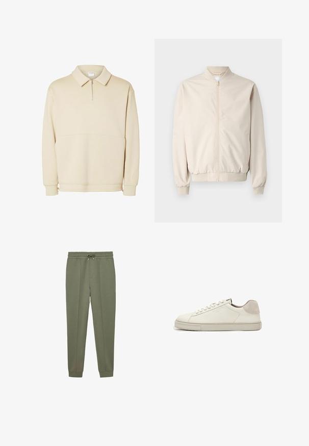 Beige Bomberjacke mit einem Frontreißverschluss, rippenförmigem Kragen und Bündchen, glattem Stoff und Seitentaschen. Einfaches Design mit lässiger Passform.; Beiger Pullover-Sweatshirt aus weichem Stoff mit einem Reißverschluss am Hals, einem Kragen und einem lässigen Schnitt mit einfachen horizontalen Nahtdetails.; Olivgrüne Sweatpants aus einem weichen Baumwollmix, mit elastischem Bund und Kordelzug, schmal zulaufenden Beinen und gerippten Bündchen.; Weißer Sneaker aus Leder in niedriger Ausführung mit weißen Schnürsenkeln, leicht strukturierter Sohle und hellgrauem Wildleder-Fersenpatch, Seitenansicht.