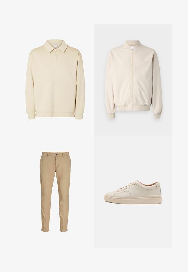 Beige bomberjakke med frontlynlås, ribbestrikket krave og manchetter, glat stof og sidelommer. Simpelt design med en afslappet pasform.; Beige pullover sweatshirts lavet af blødt stof, med lynlås i halsen, krave og en afslappet pasform med en simpel vandret sømdetalje.; Beige, tætsiddende herrebukser med bæltestropper, frontknaplukning og sidelommer på hvid baggrund.; Beige læder sneakers med rund tå, flade snørebånd, perforerede side detaljer og en tyk, tekstureret gummisål. Naturlig læderforing.