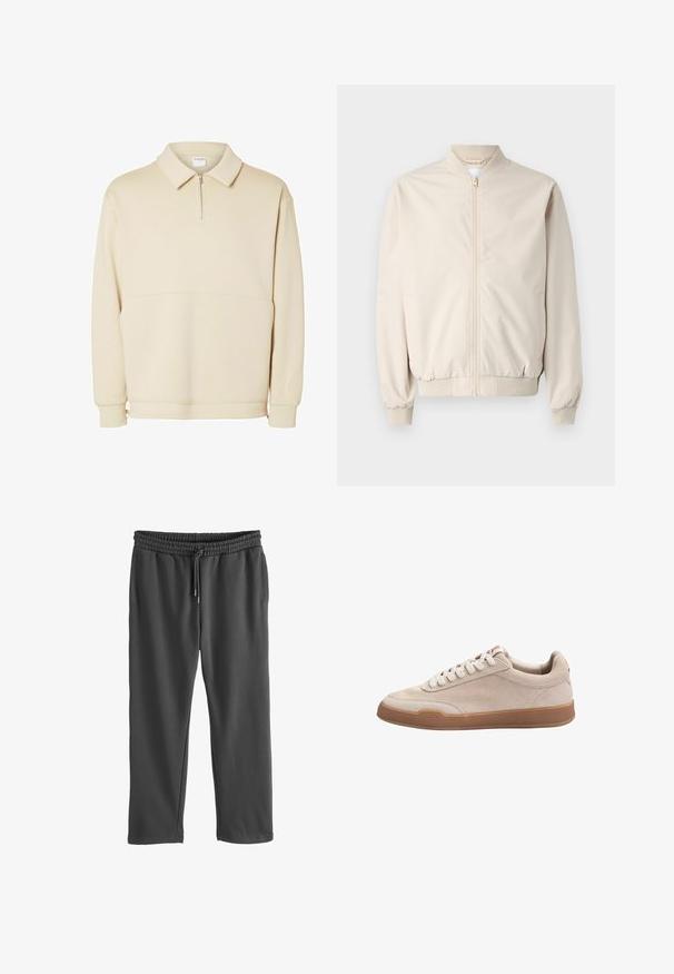 Beige Bomberjacke mit einem Frontreißverschluss, rippenförmigem Kragen und Bündchen, glattem Stoff und Seitentaschen. Einfaches Design mit lässiger Passform.; Beiger Pullover-Sweatshirt aus weichem Stoff mit einem Reißverschluss am Hals, einem Kragen und einem lässigen Schnitt mit einfachen horizontalen Nahtdetails.; Graue Sweatpants mit elastischem Bund und verstellbarem Kordelzug. Aus weichem Material gefertigt, mit seitlichen Taschen und lockerer Passform.; Beige Wildleder-Sneaker mit niedriger Schafthöhe, weißen Schnürsenkeln, gepolstertem Kragen und brauner Gummisohle, gezeigt im rechten Seitenprofil.