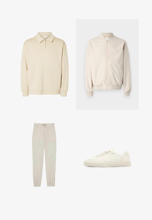 Beige Bomberjacke mit einem Frontreißverschluss, rippenförmigem Kragen und Bündchen, glattem Stoff und Seitentaschen. Einfaches Design mit lässiger Passform.; Beiger Pullover-Sweatshirt aus weichem Stoff mit einem Reißverschluss am Hals, einem Kragen und einem lässigen Schnitt mit einfachen horizontalen Nahtdetails.; Helle beigen Jogginghosen aus weichem Stoff, mit einem elastischen Bund und Kordelzug, seitlichen Taschen und schmal zulaufenden Knöcheln.; Niedriger Sneaker aus off-weißem Leder mit Schnürverschluss vorne und flacher Gummisohle, seitlich auf weißem Hintergrund dargestellt.
