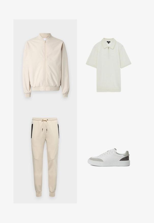 Chaqueta bomber beige con cremallera frontal, cuello y puños acanalados, tela suave y bolsillos laterales. Diseño simple con un corte relajado.; Polo con cremallera en color crema, hecho de una tela suave, presenta un cuello puntiagudo, mangas cortas y un dobladillo recto.; Pantalones de chándal de color beige claro con cinturilla ajustable, cremallera lateral y puños ajustados con acentos texturizados en los paneles laterales.; KARL LAGERFELD SNEAKER MAXI KUP - Zapatillas - white grey