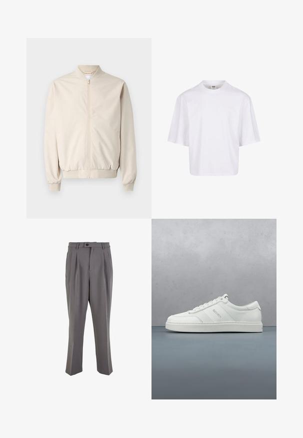 Veste bomber beige avec une fermeture éclair à l'avant, col et poignets côtelés, tissu lisse et poches latérales. Design simple avec une coupe décontractée.; T-shirt blanc à manches courtes avec un col rond et une coupe décontractée, fabriqué à partir d'un tissu en coton mélangé doux. Aucun motif ni embellissement.; Pantalons plissés gris en tissu lisse, avec une coupe droite, une fermeture à un bouton et des passants de ceinture. Design minimaliste.; Baskets basses blanches avec un lacet, panneaux en cuir texturé et logo discret sur le côté, sur un fond clair uni.
