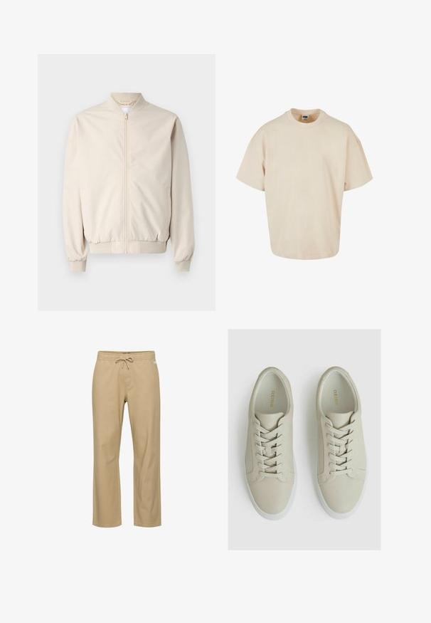 Beige bomberjakke med frontlynlås, ribbestrikket krave og manchetter, glat stof og sidelommer. Simpelt design med en afslappet pasform.; Beige oversized T-shirt, lavet af blødt bomuldsstof, med rund hals og korte ærmer samt en lige nederkant. Simpelt og minimalistisk design.; Beige bomuldsbukser med afslappet pasform, elastik i taljen og snøre. Har sidelommer og lige ben. Ingen synlige mønstre.; Lys beige lædersneakers med en struktureret overflade, der har seks øjer, flade snørebånd og en hvid gummisål. Guld branding indeni.