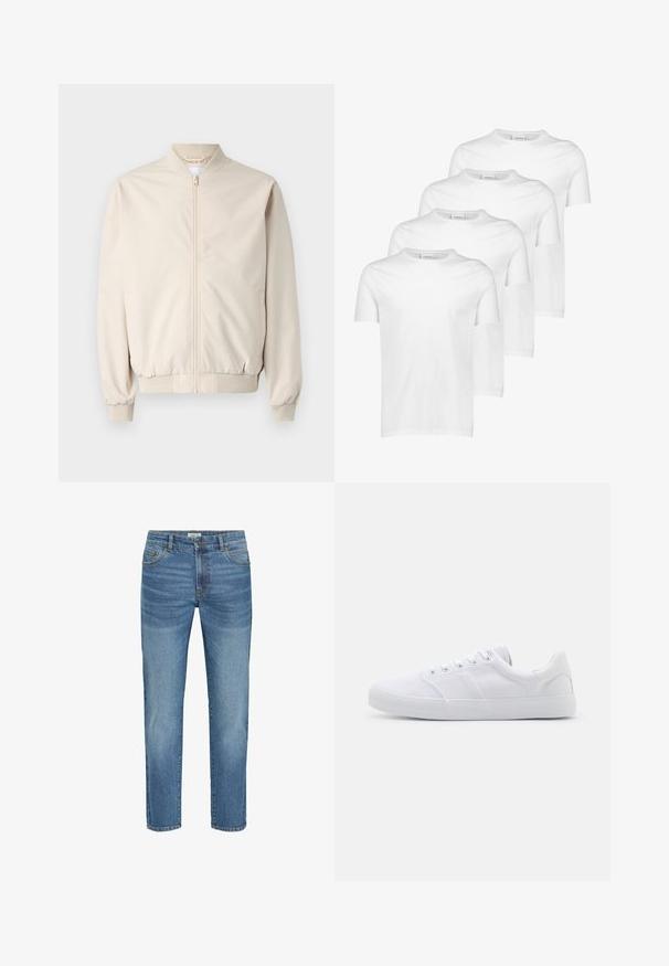 Beige bomberjack met een frontale ritssluiting, ribgebreide kraag en manchetten, gladde stof en zijzakken. Eenvoudig ontwerp met een relaxte pasvorm.; Witte katoenen T-shirts, korte mouwen, ronde halslijn, gladde textuur, vier stuks gestapeld met een consistent ontwerp en zonder patronen of accenten.; Lichtblauwe denim jeans met een klassiek recht model, voorzien van vijf zakken, metalen knoopsluiting en een lichte vervaging op de stof.; Witte canvas sneakers met een rubberen zool, voorzien van zes oogjes, een gestructureerde neuskap en een minimalistisch ontwerp.