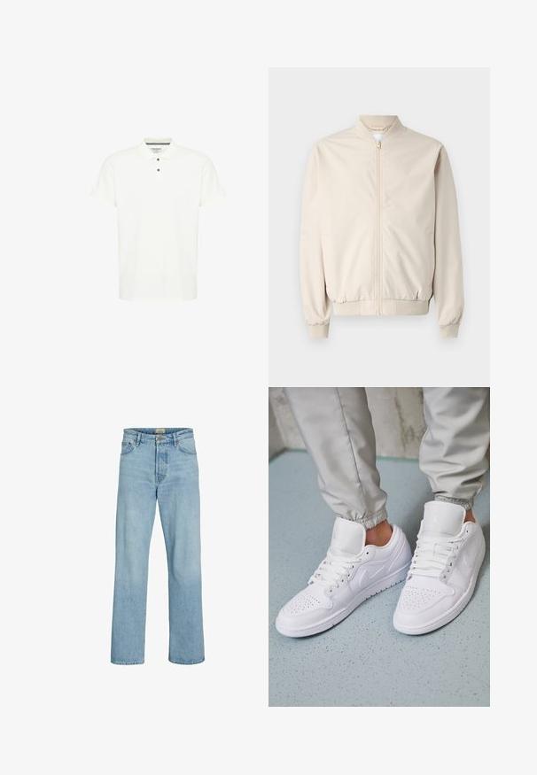 Beige bomberjakke med frontlynlås, ribbestrikket krave og manchetter, glat stof og sidelommer. Simpelt design med en afslappet pasform.; Hvid polo-shirt lavet af bomuld, med en klassisk krave, korte ærmer og en treknapslukning med mørkeblå knapper.; Lyseblå denimjeans med lige ben, knappelukning og lynlås, for- og baglommer samt bæltestropper.; Hvide lædersneakers har en perforeret tåboks, flade snørebånd, polstret krave og Jordan-logoet på tungen. Båret med grå joggers.