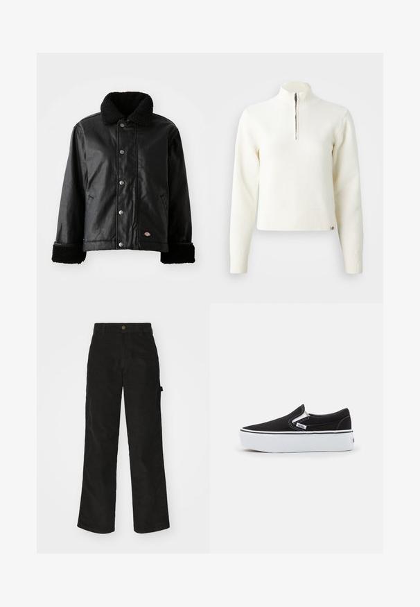Veste en cuir noir avec col en peau de mouton, fermeture à bouton-pression, poches latérales et poignets en tissu doux. Comprend un patch avec le logo de la marque.; Pull-over blanc à col zippé et manches longues. Fabriqué en matériau tricoté doux, avec des poignets et un ourlet côtelés. Logo de la marque subtil à l'ourlet.; Pantalon en velours côtelé noir avec une coupe droite, doté d'une fermeture à bouton et de poches latérales. Texture lisse avec de fines rayures verticales.; Chaussure slip-on noire en toile avec une semelle en caoutchouc blanc, dotée d'accents élastiques sur les côtés et de coutures contrastées. Logo de la marque visible sur le côté.